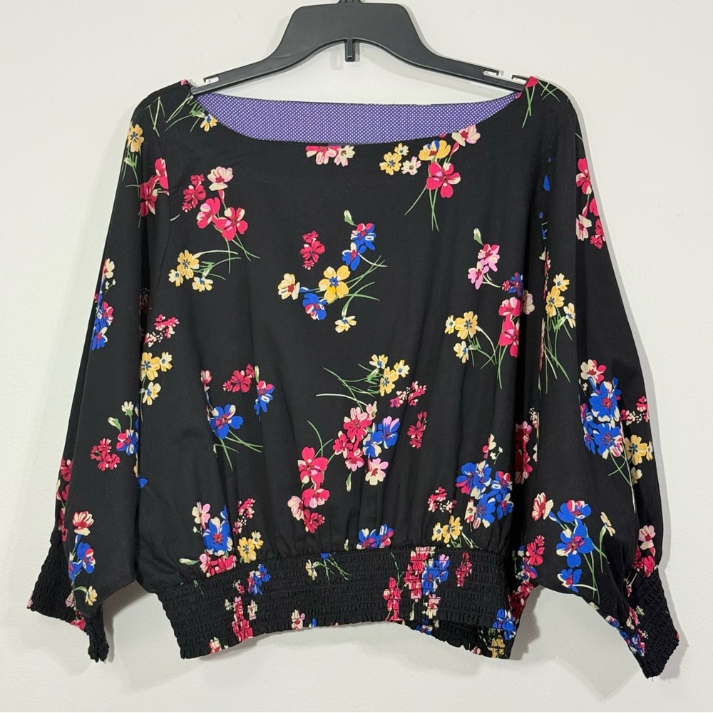 Floral Maeve Anthropologie Black Multi Cotton Smocked Dolman Blouse M Medium - Picture 2 of 9
